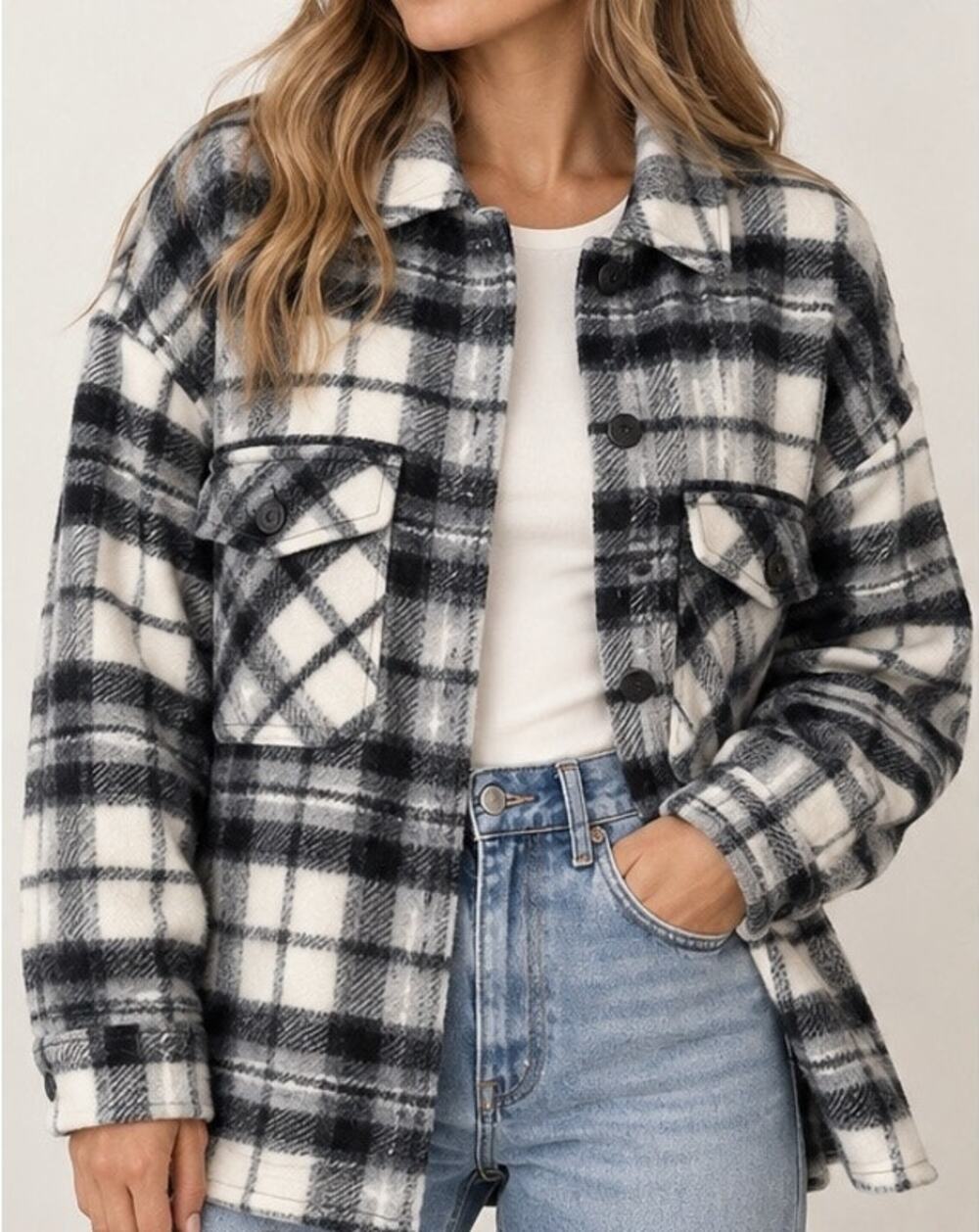 Zara Italian Fabric Wool Plaid Oversized Shacket Shirt Jacket Black White Small